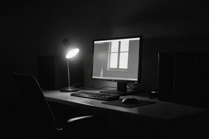 Pantalla de ordenador apagada reflejando una ventana, en blanco y negro
