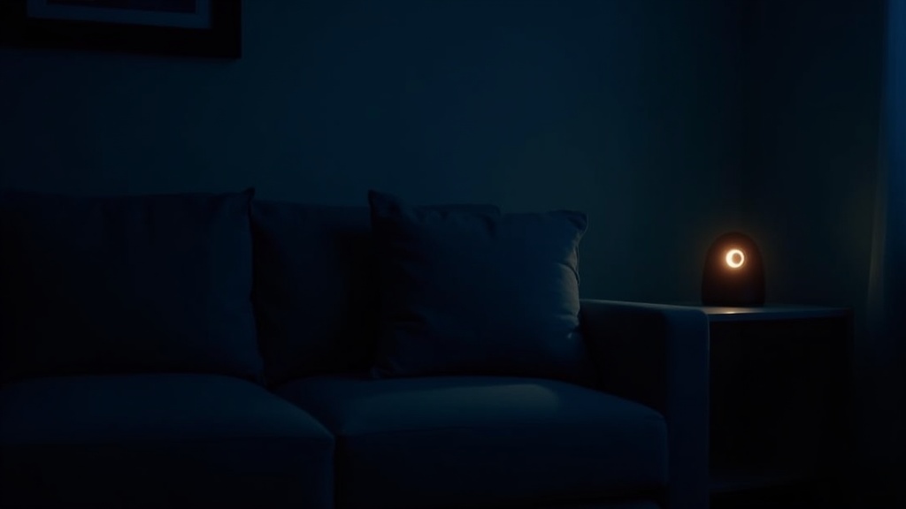 A dark living room at night lit only by a small device with a faint glowing ring on a side table, long shadows across an empty sofa. Moody documentary photography, cold blue and a
