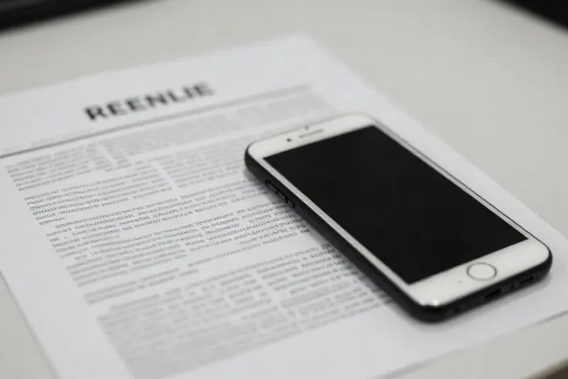 Un móvil sobre una mesa junto a una nota de prensa impresa