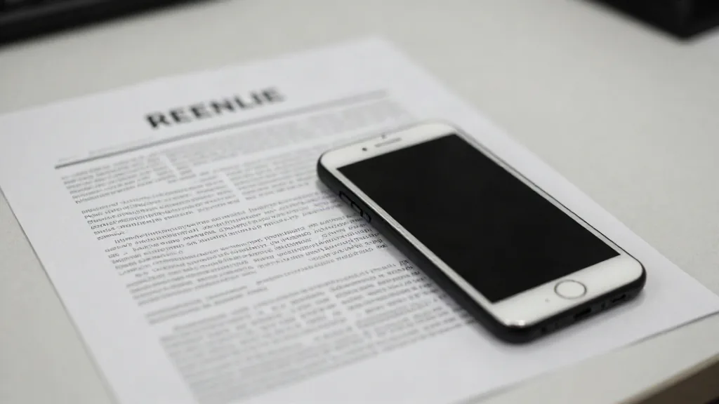 Un móvil sobre una mesa junto a una nota de prensa impresa
